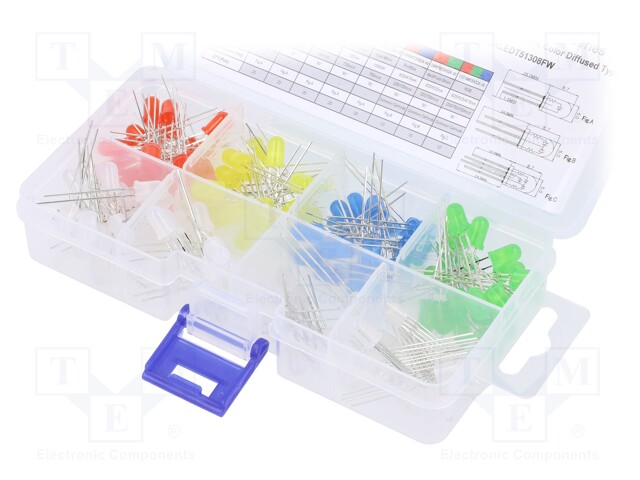 Kit: LED; 5mm; THT; 130pcs; 3÷15V; plastic box; 7.5÷8mA; 50°