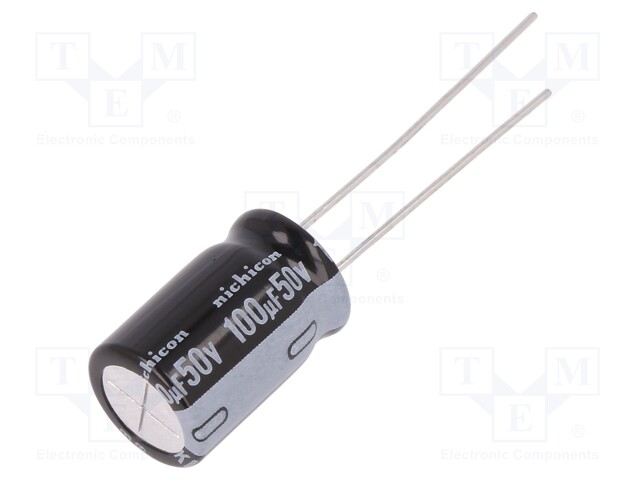 Capacitor: electrolytic; THT; 100uF; 50VDC; Ø10x16mm; Pitch: 5mm