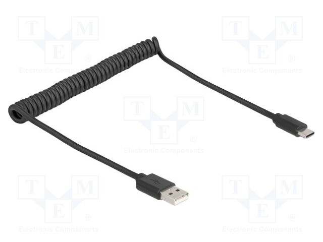 Cable; coiled,USB 2.0; USB A plug,USB C plug; black; 24AWG,28AWG