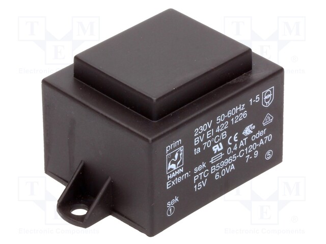Transformer: encapsulated; 6VA; 230VAC; 15V; 400mA; Mounting: PCB