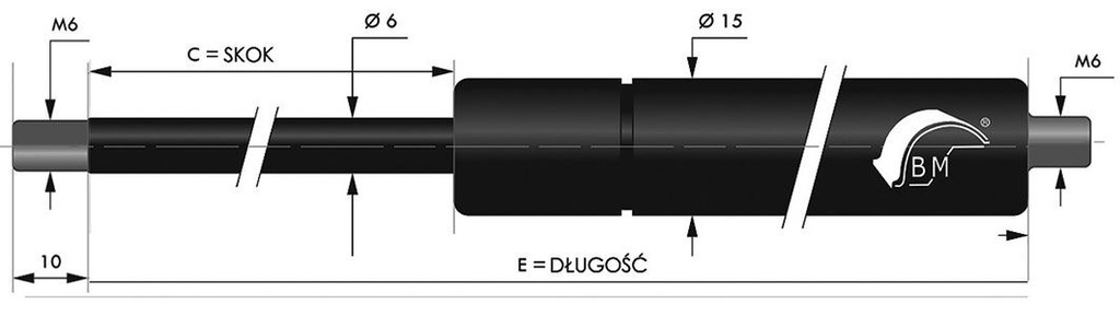 Gas spring; Thread: M6; E: 235mm; Øout: 15mm; Piston diam: 6mm; 300N