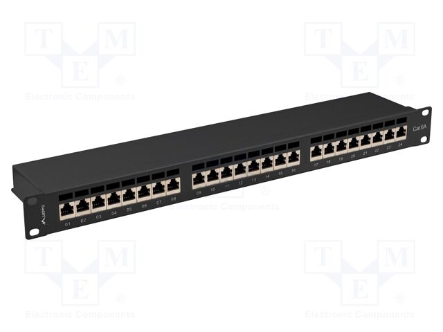 Patch panel; black; Number of ports: 24; Cat: 6a; RJ45 socket x24