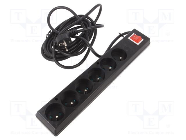 Extension lead; Sockets: 6; PVC; black; 3x1,5mm2; 5m; 16A