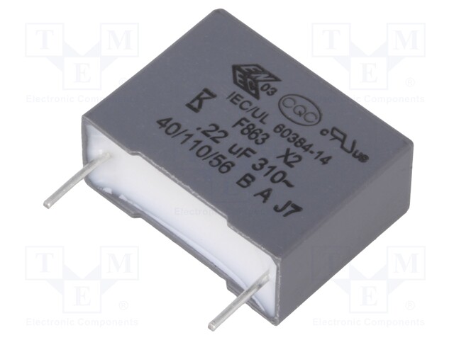 Capacitor: polypropylene; X2; 0.22uF; 15mm; ±10%; 18x13.5x7.5mm