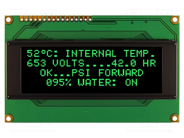 Display: OLED; alphanumeric; 20x4; Dim: 98x60x10mm; green; PIN: 16
