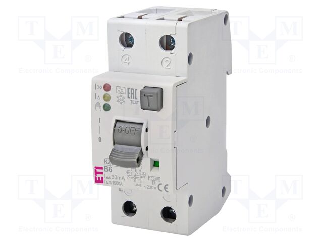 RCBO breaker; Inom: 6A; Ires: 30mA; Poles: 2; 230VAC; IP20; 1÷25mm2