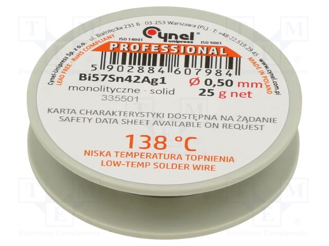 Tin; lead free; Bi57Sn42Ag1; 0.5mm; 25g; reel; Flux: flux free