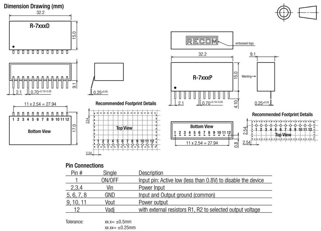 Converter: DC/DC; 6.6W; Uin: 4.5÷28V; Uout: 3.3VDC; Iout: 2A; SIP12