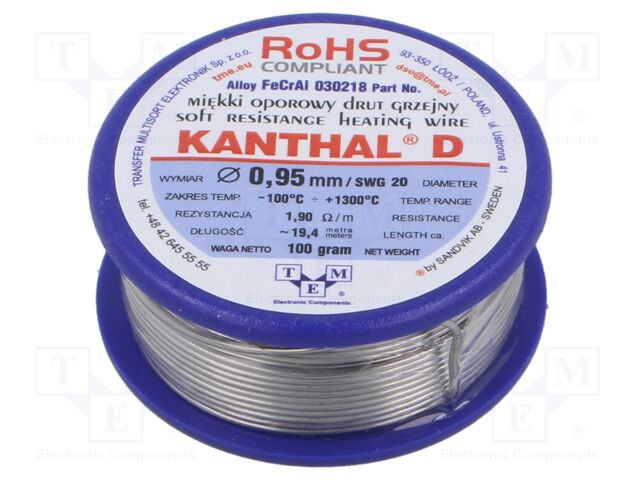 Resistance wire; 1.9Ω/m; -100÷1300°C; 0.1kg; Øout: 0.95mm; FeCrAl