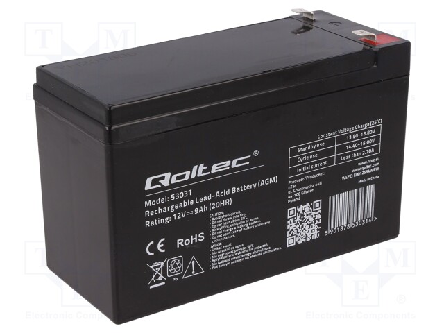 Re-battery: acid-lead; 12V; 9Ah; AGM; maintenance-free