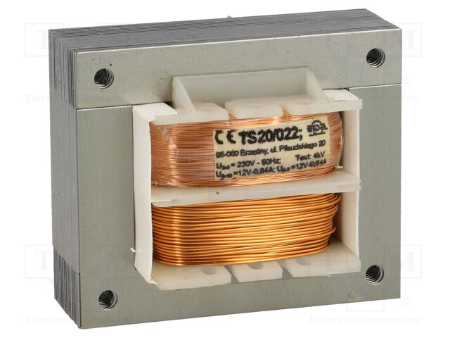 Transformer: mains; 20VA; 230VAC; 12V; 12V; 0.84A; 0.84A; IP00