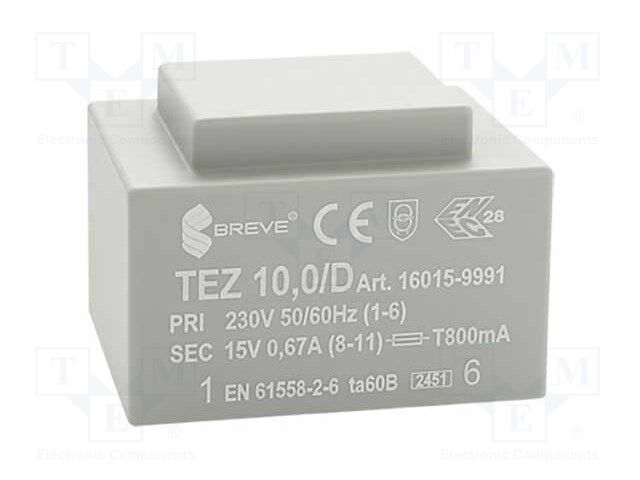 Transformer: encapsulated; 10VA; 230VAC; 15V; 666.6mA; IP00; 280g