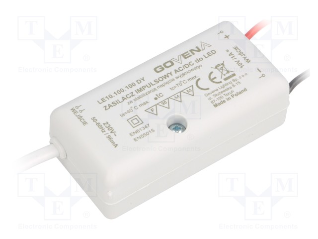 Power supply: switched-mode; LED; 10W; 10VDC; 1A; 185÷265VAC; IP40