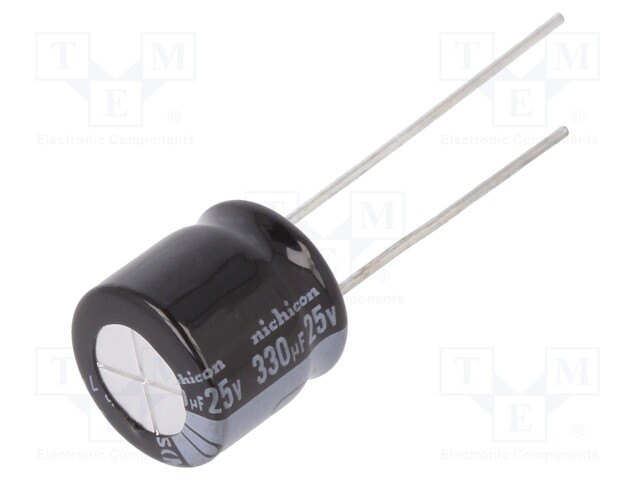 Capacitor: electrolytic; THT; 330uF; 25VDC; Ø10x9mm; Pitch: 5mm