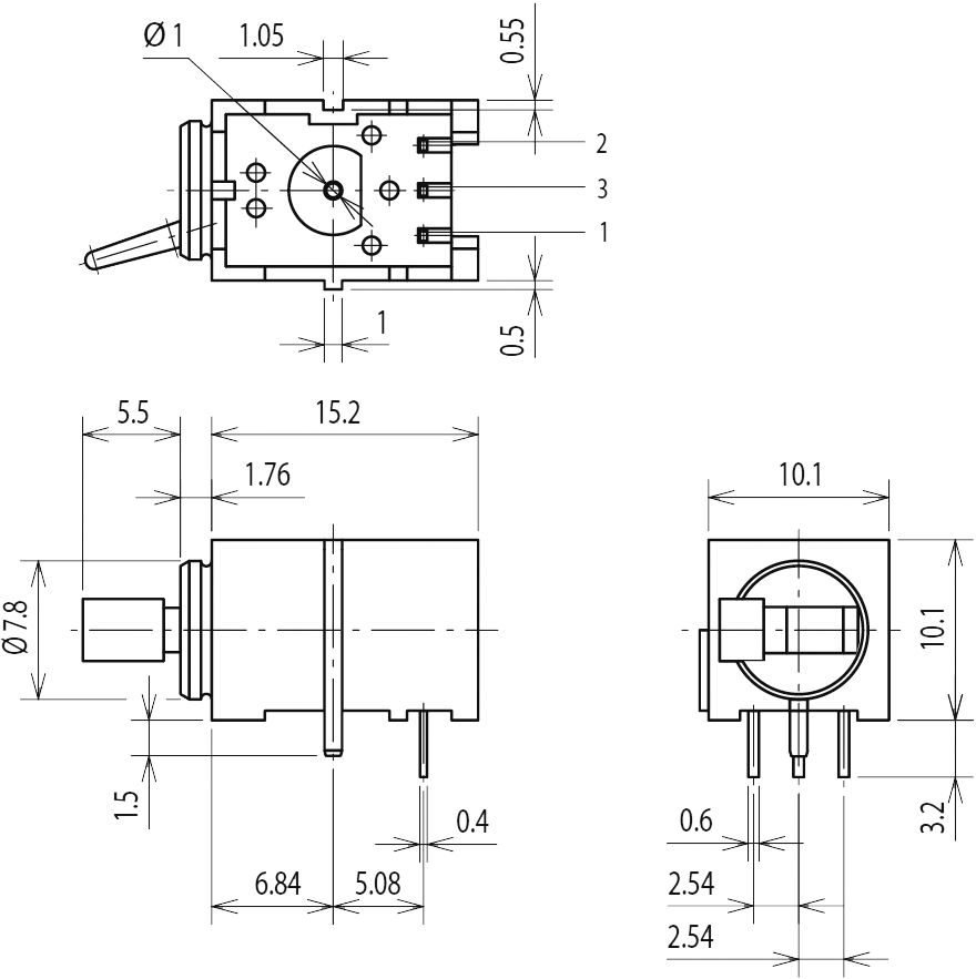 Switch: toggle; Pos: 3; DP3T; (ON)-OFF-(ON); 0.5A/60VAC; 0.5A/60VDC