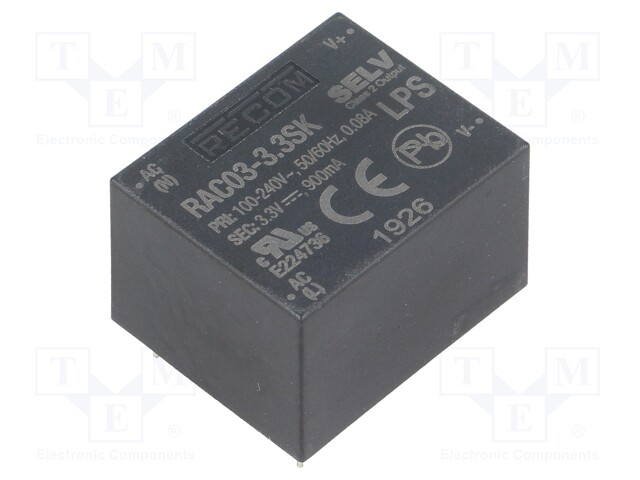 Converter: AC/DC; 3W; Uout: 3.3VDC; Iout: 900mA; 69%; Mounting: PCB