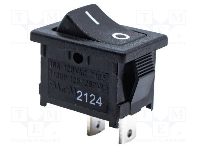 ROCKER; SPST; Pos: 2; OFF-ON; 16A/125VAC; black; Rcont max: 35mΩ