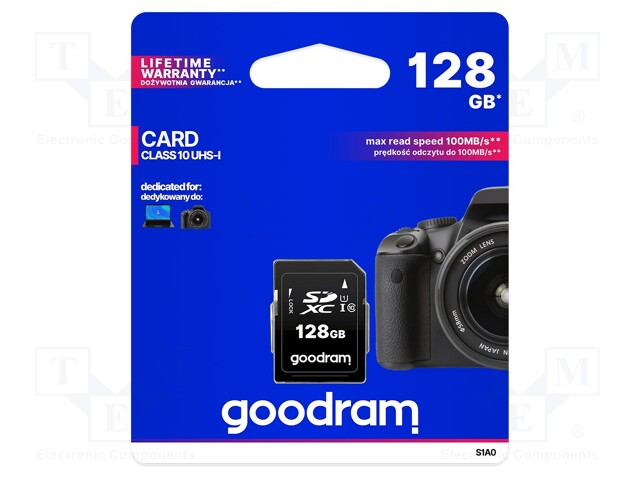 Memory card; SD XC; 128GB; Read: 100MB/s; Write: 10MB/s; UHS I