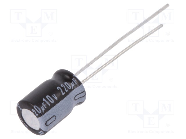 Capacitor: electrolytic; THT; 220uF; 10VDC; Ø6.3x9mm; Pitch: 2.5mm