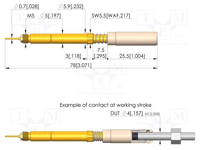 Test needle; Spring compression: 4mm; 5.5mm; 40A; CuBe; Ø: 6.9mm
