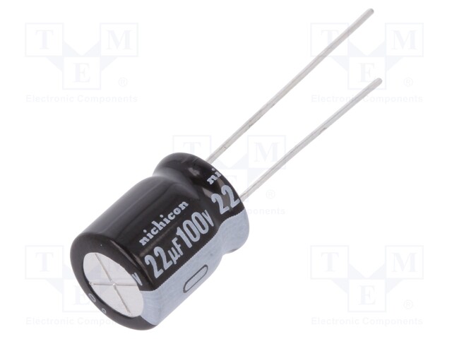 Capacitor: electrolytic; THT; 22uF; 100VDC; Ø10x12.5mm; Pitch: 5mm