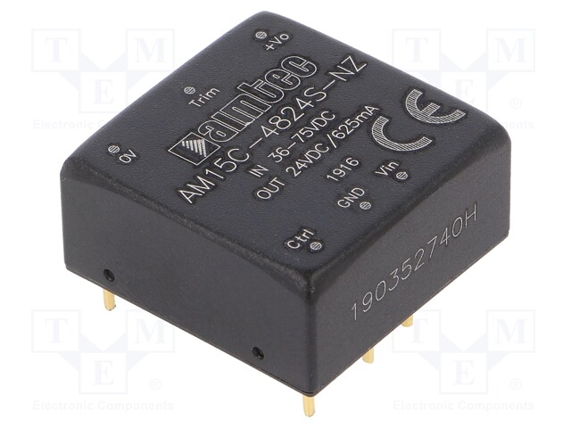 Converter: DC/DC; 15W; Uin: 36÷75V; 24VDC; Iout: 0.625A; 1"x1"; 15g