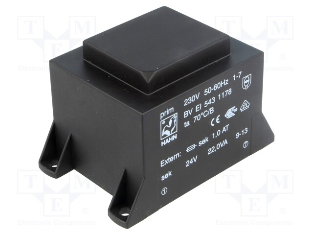 Transformer: encapsulated; 22VA; 230VAC; 24V; 917mA; Mounting: PCB