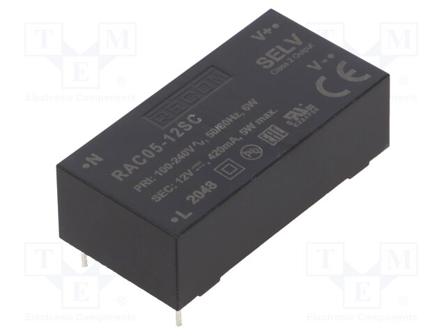 Converter: AC/DC; 5W; Uout: 12VDC; Iout: 420mA; 76%; Mounting: PCB