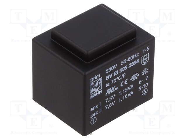 Transformer: encapsulated; 2.3VA; 230VAC; 7.5V; 7.5V; 153mA; 153mA
