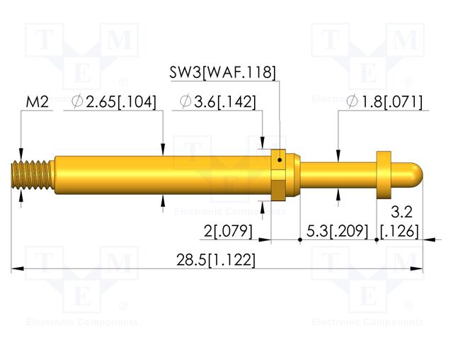 Test needle; Spring compression: 4mm; 5mm; 8A; CuBe; gold-plated