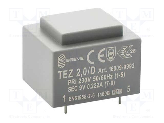 Transformer: encapsulated; 2VA; 230VAC; 9V; 222.2mA; Mounting: PCB
