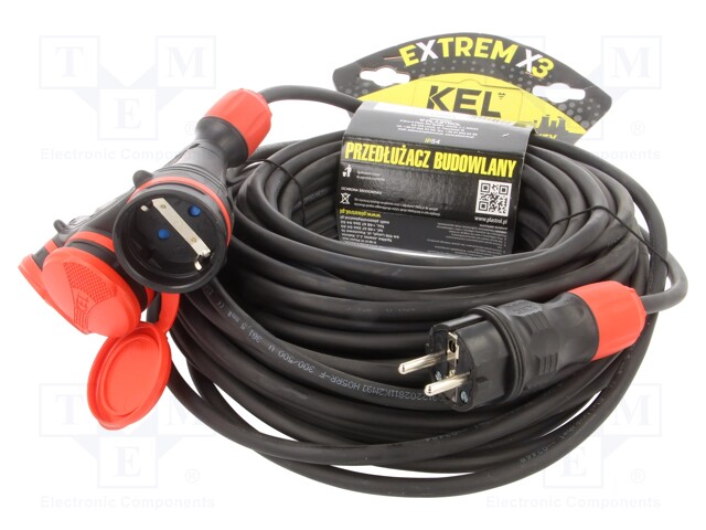 Extension lead; Sockets: 3; rubber; black; 3x2,5mm2; 10m; 16A