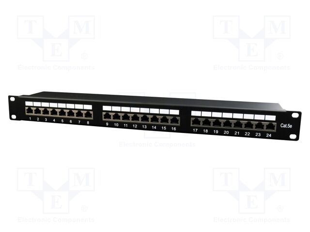 Patch panel; black; Number of ports: 24; Cat: 5e; RJ45 socket x24