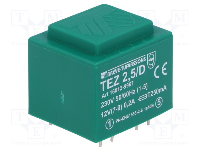 Transformer: encapsulated; 2.5VA; 230VAC; 12V; 208.3mA; IP00; 100g