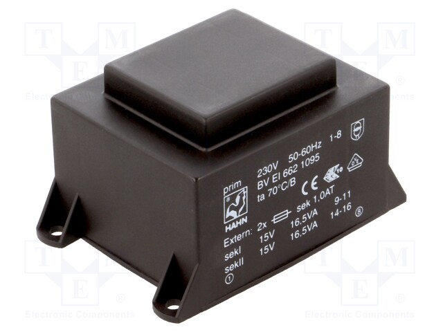 Transformer: encapsulated; 33VA; 230VAC; 15V; 15V; 1100mA; 1100mA