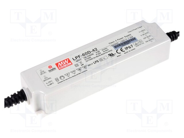 Power supply: switched-mode; LED; 60.06W; 42VDC; 25.2÷42VDC; 1.43A