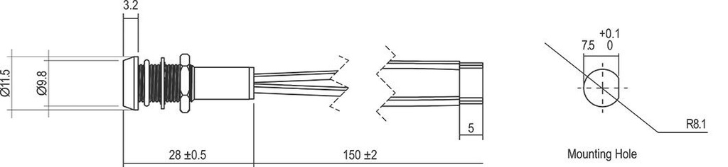Indicator: LED; flat; 48VDC; Cutout: Ø8.1mm; IP67; 150mm leads