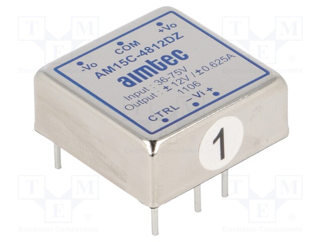 Converter: DC/DC; 15W; Uin: 36÷75V; Uout: 12VDC; Uout2: -12VDC; 1"x1"