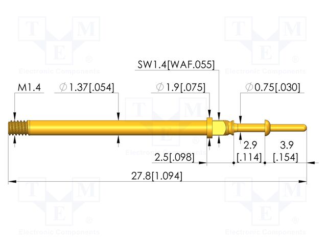 Test needle; Spring compression: 2mm; 2.75mm; 5A; CuBe; Ø: 0.65mm