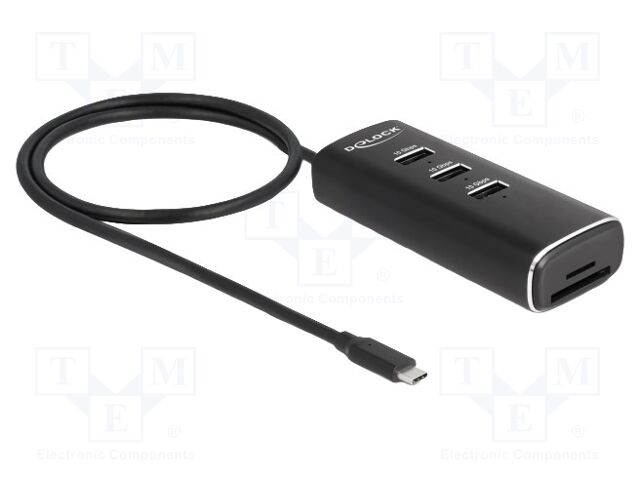 Hub USB; microSD,SD; black; Number of ports: 6; 10Gbps; metal