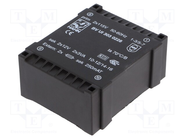 Transformer: encapsulated; 6VA; 115/115VAC; 12V; 12V; 250mA; 250mA