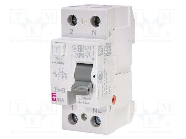 RCD breaker; Inom: 63A; Ires: 30mA; Poles: 2; 230V,240V; IP20; EFI