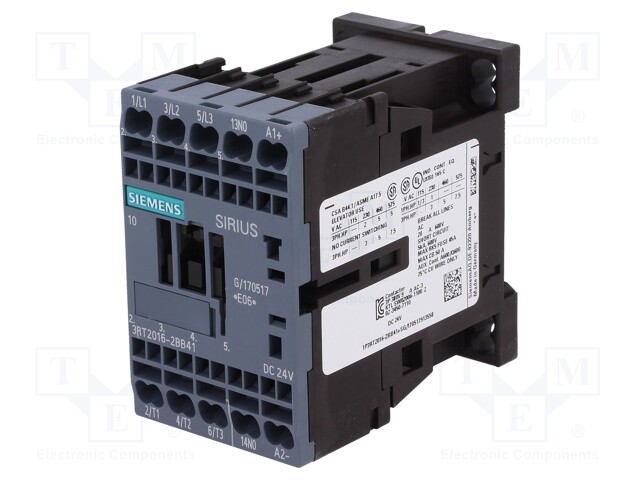 Contactor: 3-pole; NO x3; Auxiliary contacts: NO; 24VDC; 9A; 3RT20