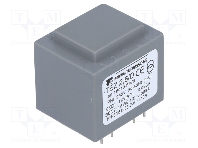 Transformer: encapsulated; 2.5VA; 230VAC; 15V; 15V; 83.3mA; 83.3mA