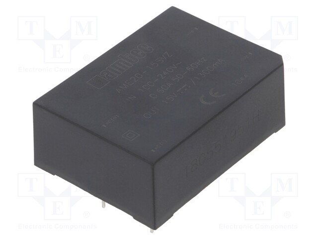 Converter: AC/DC; 19.5W; Uout: 15VDC; Iout: 1.3A; 82%; Mounting: PCB