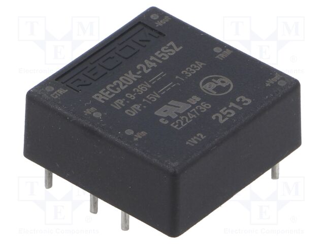 Converter: DC/DC; 20W; Uin: 9÷36V; Uout: 15VDC; Iout: 1333mA; 1"x1"