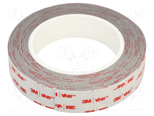 Tape: fixing; W: 25mm; L: 5m; Thk: 1.1mm; double-sided; acrylic; grey