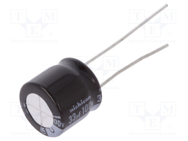 Capacitor: electrolytic; THT; 33uF; 100VDC; Ø10x9mm; Pitch: 5mm