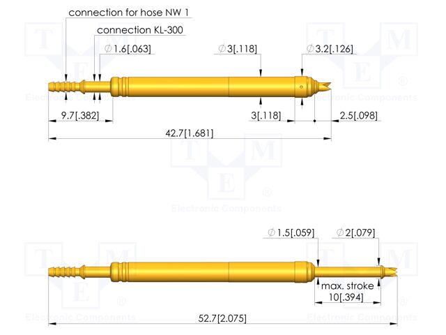 Test needle; Spring compression: 6mm; 10mm; 2A; steel; gold-plated