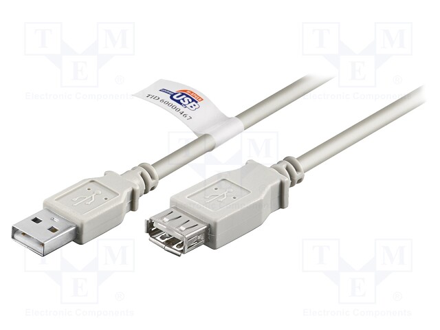 Cable; USB 2.0; USB A socket,USB A plug; 3m; grey; 480Mbps